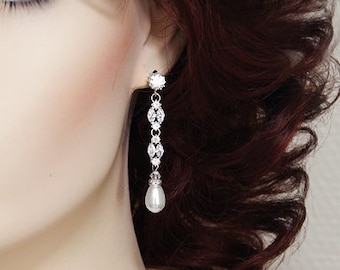 Long bridal pearl earrings, CZ wedding earrings, Pearl drop earrings, Crystal silver dangle earrings, cubic zirconia Swarovski drop earrings