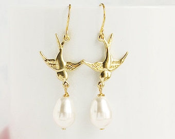 Bird earrings Gold swallow pearl dangle earrings, Swarovski teardrop white pearl Delicate bird drop earrings Romantic jewelry Gift for girl