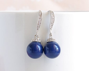 Navy blue bridal earrings, Dark blue wedding earrings, Swarovski pearl Blue wedding bridal drop earrings classic CZ crystal Silver jewelry
