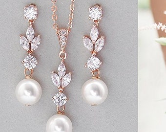 Bridal jewelry set, Swarovski pearl earrings and necklace set, Rose gold wedding jewelry, Crystal dangle post Swarovski pearl earrings