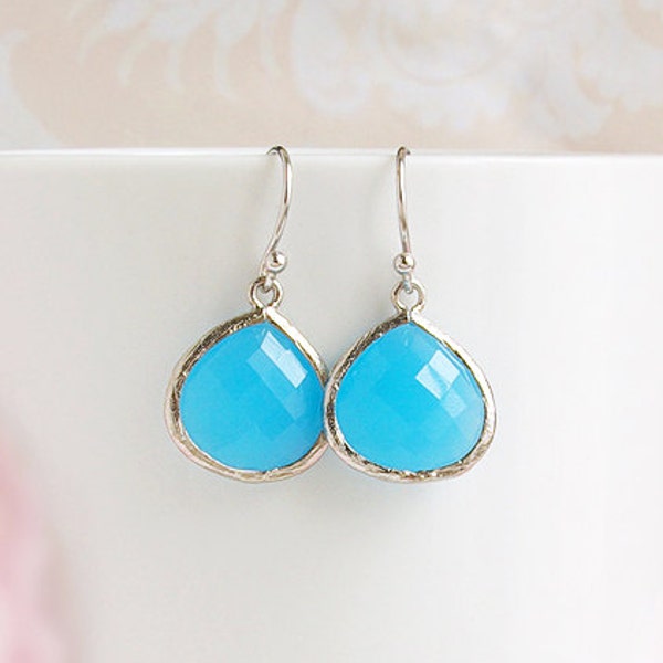 Ocean blue earrings, Aqua blue drop earrings, Blue teardrop glass earrings Sky blue silver dangle earrings Aqua blue faceted glass jewelry