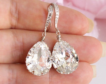 Orecchini da sposa in cristallo bianco, orecchini a pera CZ a goccia pendenti da sposa, orecchini in cristallo Swarovski, gioielli da sposa con gocce di zirconi d'argento