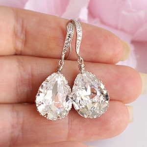 Brincos de noiva de cristal branco, brincos de pêra CZ em forma de lágrima pendente de casamento, brincos de cristal Swarovski, joias de noiva com gota de zircônia prateada