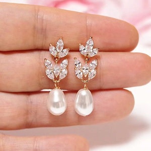 Bruidspareloorbellen, roségouden kristaloorbellen, Swarovski-pareloorbellen, druppelvormige oorbellen voor bruiloft, wit of crème