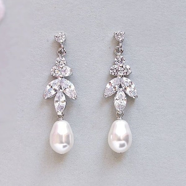 Wedding pearl earrings, CZ crystal leaf earrings, Bridal dangle pearl drop earring Swarovski teadrop pearls Silver Rose gold bridal jewelry