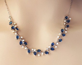 Blauwe bruiloft ketting, saffier blauwe bruidsketting, marineblauwe kristallen bruiloft sieraden zilveren bruidsblad wijnstok ketting Cubic Zirconia blauw