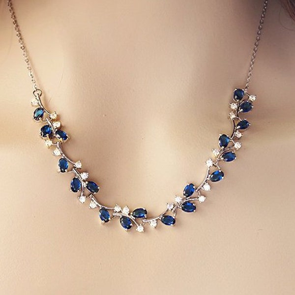 Blauwe bruiloft ketting, saffier blauwe bruidsketting, marineblauwe kristallen bruiloft sieraden zilveren bruidsblad wijnstok ketting Cubic Zirconia blauw