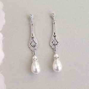 Vintage style bridal earrings, Long Swarovski pearl drop earrings, Old Hollywood wedding jewelry, Art Deco silver crystal dangle earrings