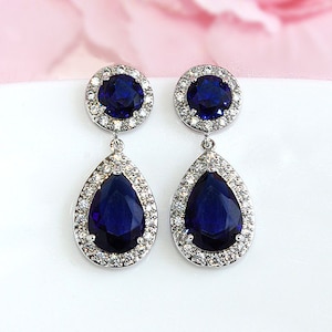 Blue sapphire earrings, Blue bridal earrings, Blue zirconia dangle earrings, Blue wedding, Large teardrop crystal earrings, Blue sapphire
