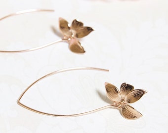 Rose gold orchid earrings, bridesmaid gift long dangle earrings, modern everyday earrings, rose gold flower bridal earrings girlfriend gift