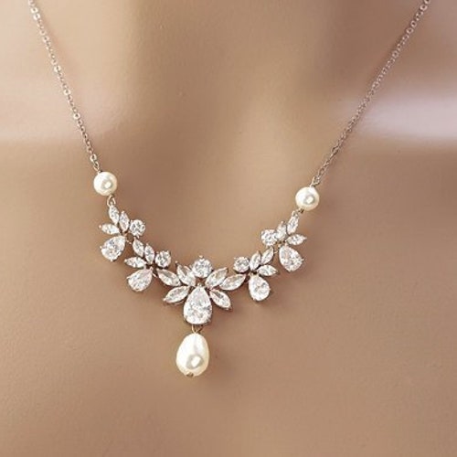 Rose Gold Double Teardrop Cubic Zirconia Necklace Bridal | Etsy