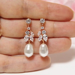 Crystal pearl oorbellen, Bruids parel oorbellen, Tear drop roségouden post oorbellen, bruiloft bungel parel drop oorbel Swarovski teadrop parels