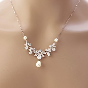 Crystal bridal necklace, Pearl wedding necklace, CZ Cubic Zirconia sparkle silver necklace bridal rhinestone teardrop pearl necklace
