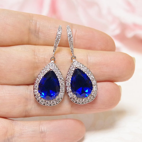 Sapphire blue earrings, Dark blue bridal earrings, Royal blue zirconia teardrop earrings, Dark blue wedding, Large teardrop crystal earrings