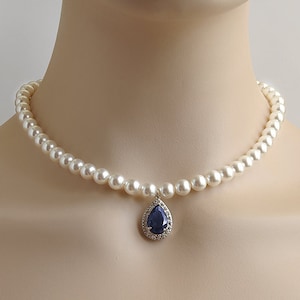 Blue sapphire necklace, Bridal pearl necklace wedding pearl jewelry sapphire blue CZ teardrop necklace, Swarovski white pearl Cubic Zirconia