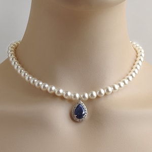 Blue sapphire necklace, Bridal pearl necklace wedding pearl jewelry sapphire blue CZ teardrop necklace, Swarovski white pearl Cubic Zirconia