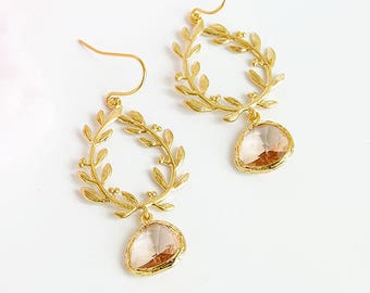 Gold laurel wreath earrings, Peach champagne earrings Teardrop glass dangle earring Gold branch leaf champagne glass earrings Peach wedding