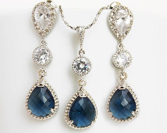 Sapphire Schmuck-Set Navy blau Hochzeit Ohrringe lange Halskette Set Sapphire Blau Braut Schmuck CZ Silber Träne September Geburtsstein