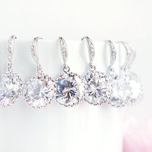 Bridesmaid earrings set of 3 4 5 6 7 8 9 set of 10 11 12 Round Cubic Zirconia drop earring Silver CZ dangle Wedding Bridesmaid gift earrings