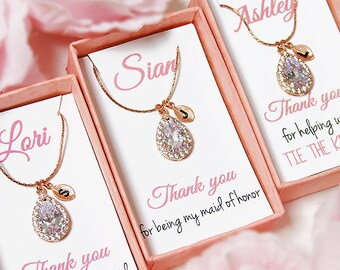 Personalized bridesmaid gift set of 3 4 5 6 7 8 9 set of 10 11 12  Rose gold bridesmaid necklace initial letter leaf, CZ teardrop pendant