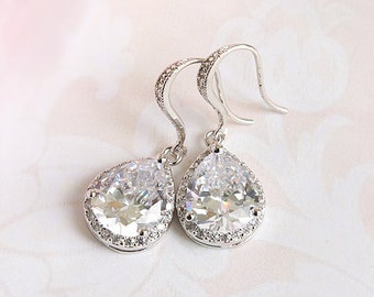 Drop bridal earrings Crystal teardrop earrings Wedding jewelry Large Cubic Zirconia crystal drop earrings LUX silver crystal clear dangle