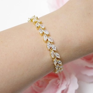 Crystal bridal bracelet Gold wedding bracelet Cubic zirconia gold marquise tennis bracelet CZ crystal bracelet yellow gold cluster bracelet