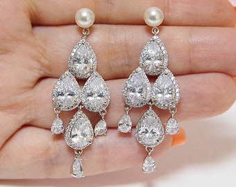 Crystal bridal earrings Silver chandelier earrings CZ pearl earrings Long bridal teardrop earrings, Cubic Zirconia wedding bridal jewelry