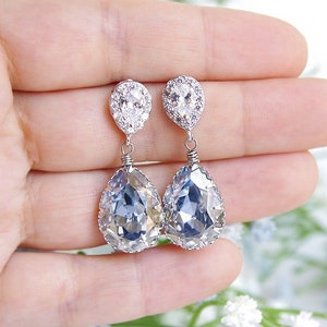 Dusty blue wedding earrings, Stud bridal teardrop crystal earrings, Dusty blue wedding jewelry Swarovski CZ zirconia posts dangle earrings