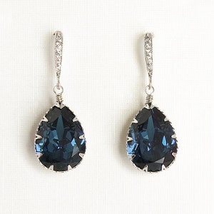 Navy blue bridal earrings, Wedding dark blue dangle teardrop CZ pear crystal earrings, Swarovski montana blue silver zirconia drop earrings