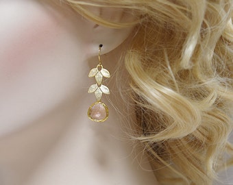 Boucles d’oreilles champagne pêche, Boucles d’oreilles en feuille d’or, Boucles d’oreilles champagne en verre à facettes, Cadeau pour son or mat long simple moderne quotidien