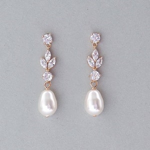 Boucles d'oreilles de mariée en perles, boucles d'oreilles en or rose, boucles d'oreilles en perles de cristal, boucles d'oreilles de mariage en perles, boucles d'oreilles pendantes pendantes, perles de thé Swarovski