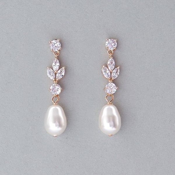 Boucles d'oreilles de mariée en perles, boucles d'oreilles en or rose, boucles d'oreilles en perles de cristal, boucles d'oreilles de mariage en perles, boucles d'oreilles pendantes pendantes, perles de thé Swarovski