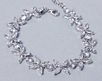 Crystal silver bridal bracelet, CZ Wedding bracelet Marquise Crystal Bracelet Cubic zirconia silver crystal bracelet adjustable Swarovski