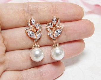 Rose gold bridal pearl earrings CZ Cubic Zirconia wedding earrings Crystal drop earrings Rose gold crystal clear wedding jewelry Bridesmaid