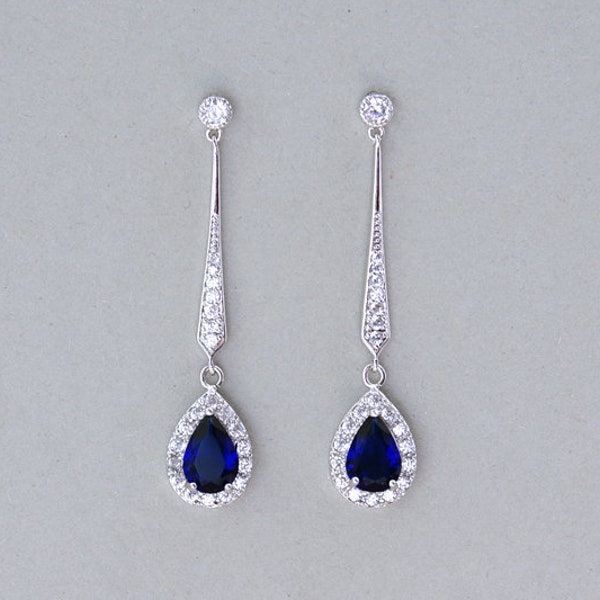Art Deco blue sapphire bridal earrings, Long crystal wedding earrings, Royal blue dangle earrings Silver Chandelier CZ teardrop earring