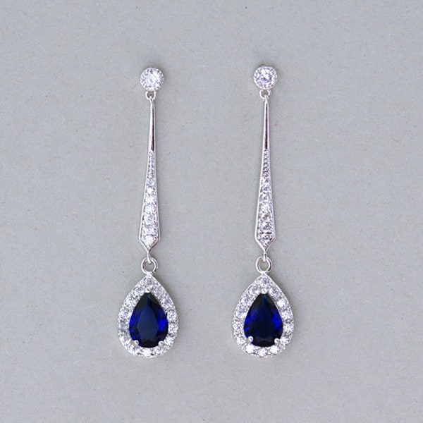 Boucles d'oreilles de mariée en saphir bleu Art déco, Boucles d'oreilles de mariage en cristal long, Boucles d'oreilles pendantes bleu royal Boucle d'oreille en forme de larme Silver Chandelier CZ