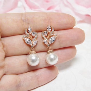 Rose gold bridal pearl earrings CZ Cubic Zirconia wedding earrings Crystal drop earrings Rose gold crystal clear wedding jewelry Bridesmaid