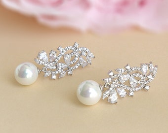 Crystal bridal pearl earrings Wedding dangle CZ Cubic Zirconia floral wedding earrings silver crystal clear dangle wedding floral jewelry