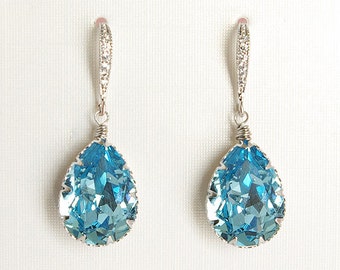 Aqua blue bridal earrings, Aquamarine wedding dangle teardrop CZ pear drop crystal earrings, Swarovski turquoise earrings silver zirconia