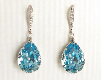 Pendientes de novia azul agua, pendientes de cristal de gota de pera CZ de lágrima colgante de boda aguamarina, pendientes de color turquesa Swarovski circonita plateada