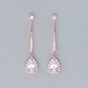 Rose gold bridal earrings, crystal wedding earrings, Long dangle drop earrings Chandelier CZ teardrop earrings Rose gold bridal jewelry