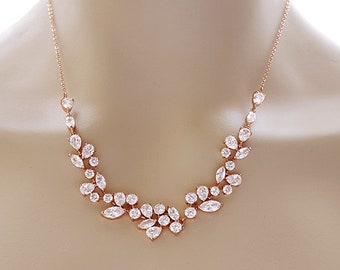 Rose gold bridal necklace, CZ crystal wedding necklace, rhinestone bridal jewelry, jewelry Cubic zirconia Marquise cut leaf wedding necklace