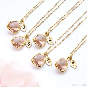 Bridesmaid gifts Set of 5 4 3 6 7 8 9 10 Personalized bridesmaid necklace Leaf initial, Gold Champagne necklace, Monogram peach pendant image 1