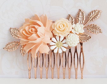 Rose gold hair comb, Bridal hair piece, Blush wedding comb, Ivory cream white soft pink flower bridal comb, Rose gold floral filigree comb