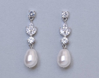 Bridal pearl earrings, CZ crystal pearl earrings, Wedding earrings, dangle pearl drop earring Swarovski teadrop pearls Silver bridal jewelry
