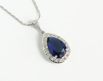 Blauwe saffier ketting, Blauwe bruid ketting, Blauwe cubic zirconia ketting, Blauwe bruiloft, Grote druppel kristal ketting, Blauwe saffier