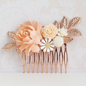 Rose gold hair comb, Bridal hair piece, Blush wedding comb, Ivory cream white soft pink flower bridal comb, Rose gold floral filigree comb image 1