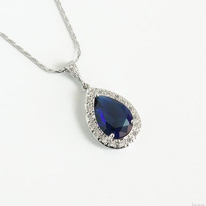 Blaue Saphirhalskette, Blaue Brauthalskette, Blaue Zirkoniahalskette, Blaue Hochzeit, Große Tropfenkristallhalskette, Blauer Saphir