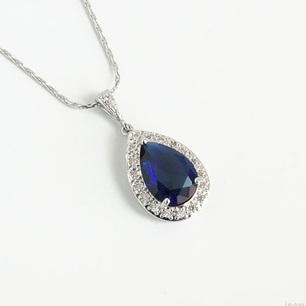 Blue sapphire necklace, Blue bridal necklace, Blue cubic zirconia necklace, Blue wedding, Large teardrop crystal necklace, Blue sapphire