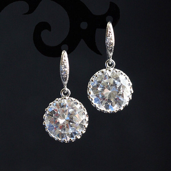 Pendientes de gota de novia de cristal transparente Pendientes colgantes redondos cúbicos de plata ZIRCONIO CZ, Joyería de boda, Pendientes elegantes de diamantes de gota